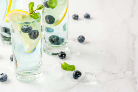 Summer refreshment drinks, Blueberry Lemonade or mojito cocktail with lemon, fresh blueberries and...