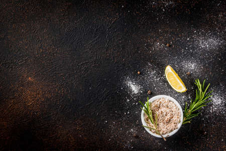Food cooking ingredient, herbs and spices, dark rusty background top view copy spaceの写真素材