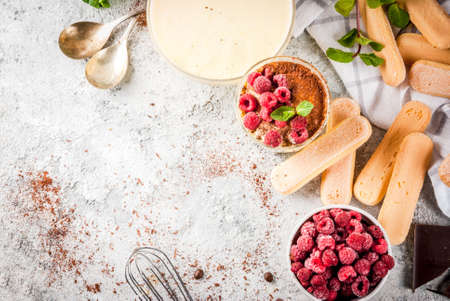 Cooking Italian food dessert Tiramisu, with all the necessary ingredients cocoa, coffee, mascarpone cheese, mint and raspberries, on grey stone background.  Copy space top viewの写真素材