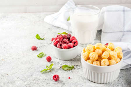 Healthy breakfast ingredients. Breakfast cereal, milk or yogurt glass, raspberries and mint on grey stone background, copy space の写真素材