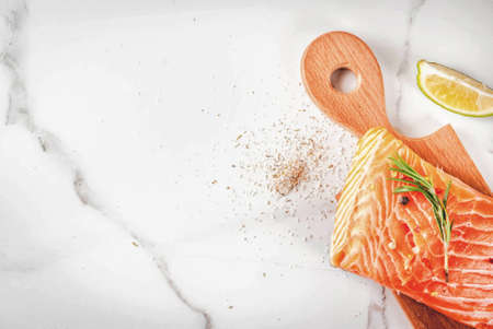 Fresh raw fish salmon, steak fillet, with spices, lime, rosemary, salt, on white marble background, copy space top viewの写真素材