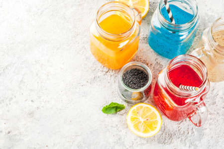 Set of different chia seed drink, tropical fruit cocktails,  fresca, grey stone background copy spaceの写真素材