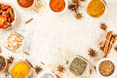 Set of various spices on light concrete background. Copy space.の写真素材