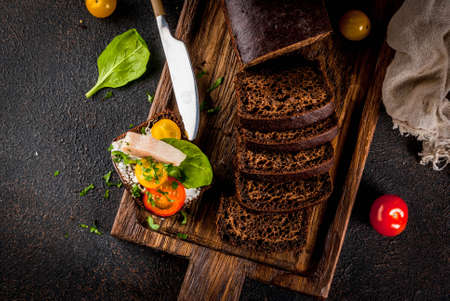 Danish open sandwich Smorrebrod dark background copy space above