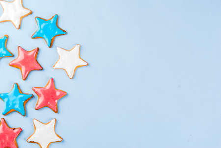 American USA Independence Day background concept, star cookies blue, red, white, July 4,light blue background copy spaceの写真素材