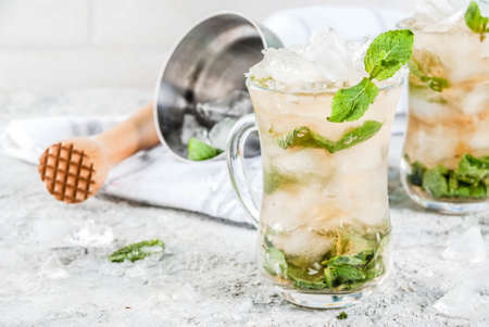 Cold summer beverage, mint julep cocktail drink, grey stone background copy spaceの写真素材