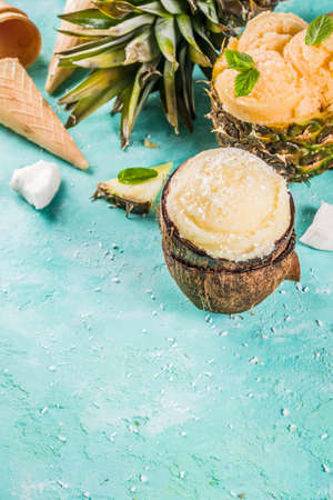 Summer holiday vacation concept, set various tropical ice cream sorbets, frozen juices in pineapple, grapefruit and coconut, light blue concrete background copy spaceの写真素材
