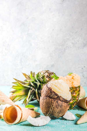 Summer holiday vacation concept, set various tropical ice cream sorbets, frozen juices in pineapple,...