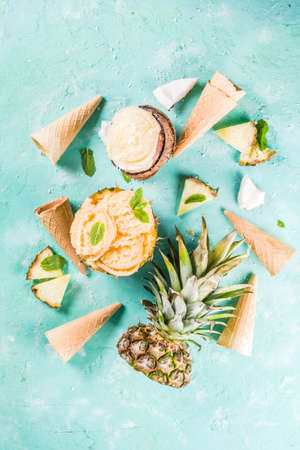 Summer holiday vacation concept, set various tropical ice cream sorbets, frozen juices in pineapple, grapefruit and coconut, light blue concrete background copy spaceの写真素材