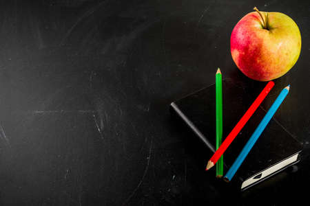Back to school concept with books, alarm clock, color pencils, chalkboard backgroundの写真素材