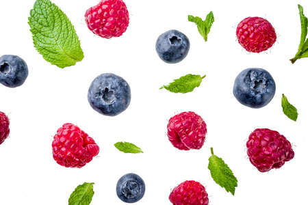 Creative layout, background, with fresh berries, simple pattern on white background. Raspberry,...