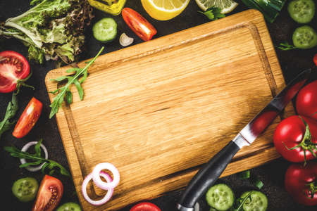 Cooking background, fresh salad ingredients, italian cuisine - tomatoes, olive oil, lemon,...