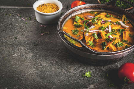 Indian food recipes, Indian Omelet Masala Egg Curry, with fresh vegetables - tomato, hot chili...
