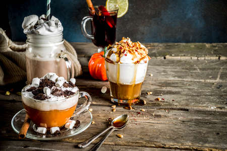 Autumn winter warm drinks, hot chocolate, pumpkin latte, caramel and peanut coffee latte, mulled...