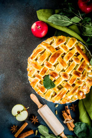Traditional autumn baking, homemade apple pie with cinnamon, dark blue background with rolling roll, sugar powder, fresh apples, spices, copy space top viewの写真素材