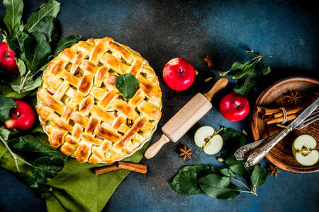 Traditional autumn baking, homemade apple pie with cinnamon, dark blue background with rolling roll, sugar powder, fresh apples, spices, copy space top viewの写真素材
