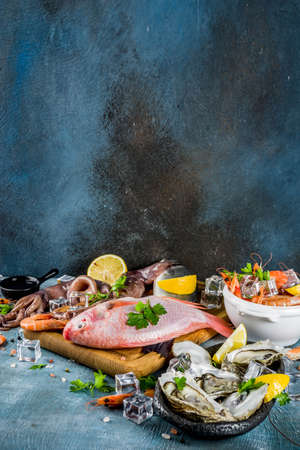 Fresh raw seafood squid shrimp oyster mussels fish with spices of herbs lemon on a light blue background copy spaceの写真素材