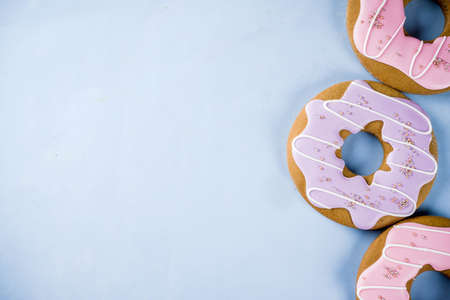 Sweets creative lay out, dessert concept with lollipops, jellies, candy, cookies donuts and...