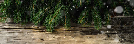 Christmas and Happy New Year holiday background with natural fir spruce, on wooden background,...
