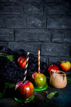 Traditional autumn delicacy, apples in caramel glaze. On a dark background, with apples, leaves, caramel sauce and a warm blanket. Copy space for textの写真素材