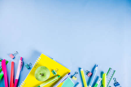 Back to school background, with bright accessories supplies for school and study - pen, pencils,...