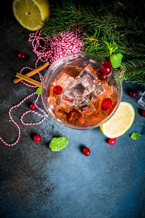 Christmas cranberry cocktail with mint and lemon, on dark blue background copy spaceの写真素材