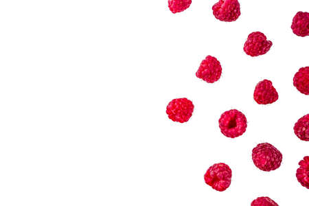 Raw fresh raspberry isolated on white above simple pattern creative layoutの写真素材