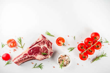 Raw rib eye beef steak meat with spices and ingredients for cooking white background copy space top viewの写真素材