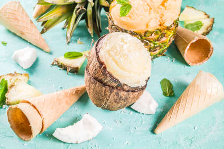 Summer holiday vacation concept, set various tropical ice cream sorbets, frozen juices in pineapple, grapefruit and coconut, light blue concrete background copy spaceの写真素材