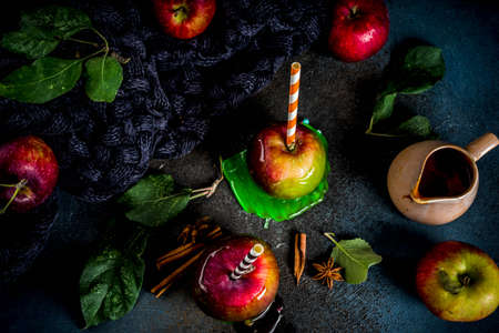 Traditional autumn delicacy, apples in caramel glaze. On a dark background, with apples, leaves, caramel sauce and a warm blanket. Copy space for textの写真素材