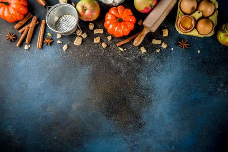 Sweet autumn baking concept, cooking background with baking accessories, flour, rolling pin,...
