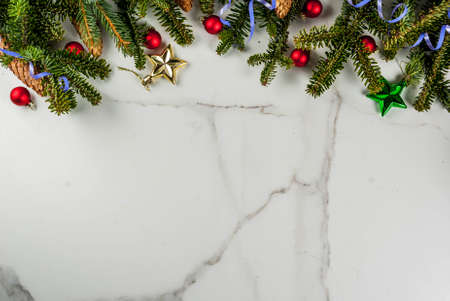 Christmas background with Christmas present gifts box and decoration, fir tree branchesabove copy space for textの写真素材