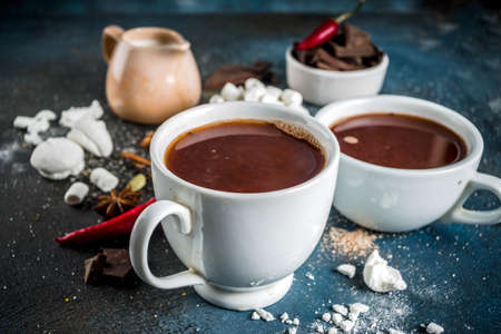 Hot chocolate cups, broken pieces of chocolate, sugar, marshmallow, red chili peppers and spices....