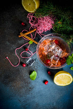 Christmas cranberry cocktail with mint and lemon, on dark blue background copy spaceの写真素材