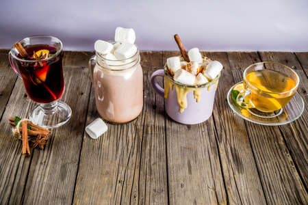 Variations winter autumn traditional drinks - pumpkin latte, hot chocolate, tea with lemon, mulled wine, copy spaceの写真素材