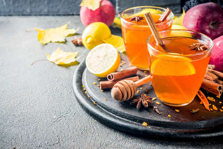 Two cups of autumn winter hot spicy tea with red apples, lemons, cinnamon, anise, honey, Dark rusty background copy spaceの写真素材