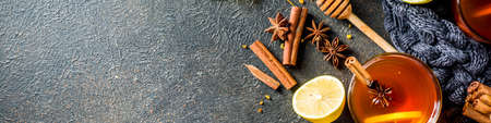 Two cups of autumn winter hot spicy tea with red apples, lemons, cinnamon, anise, honey, Dark rusty background copy space bannerの写真素材