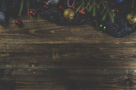 Christmas and New Year holidays background, Flat-lay wooden wallpaper with colorful christmas tree  ball decoration, top view, copy spaceの写真素材