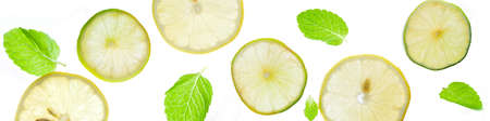 Summer refreshment drink ingredients, citrus fruit concept, Lemon, lime and mint pattern on white...