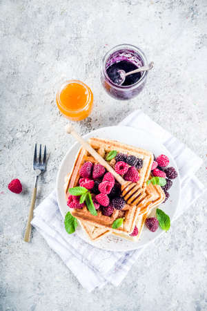 Homemade belgian waffles with berries and honey, on a concrete background copy spaceの写真素材