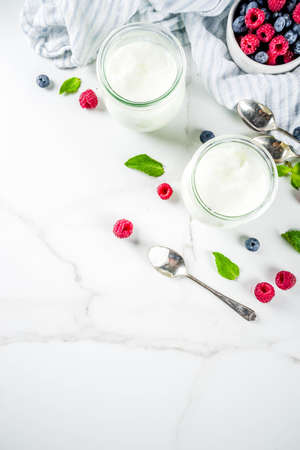Two glass jars with fresh homemade organic yogurt decorated with fresh berries and mint, white marble background copy spaceの写真素材
