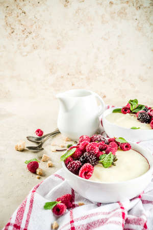Two bowl with Semolina porridge with fresh berries, beige stone table copy space top viewの写真素材