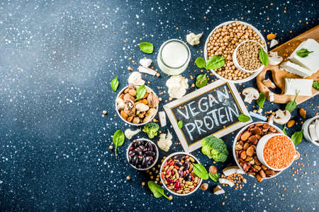 Healthy plant vegan food, veggie protein sources: Tofu, vegan milk, beans, lentils, nuts, soy milk, spinach and seeds. Dark blue concrete background copy spaceの写真素材