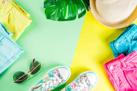 Summer sale shopping concept, Colorful background with various bright color children's women's...