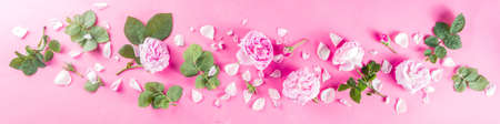 Pink pattern background with roses, above layout copy spaceの写真素材