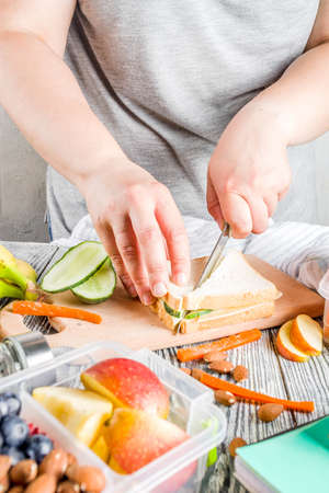 Mother cooking school lunch box set, Preparing healthy snacks - cheese sandwich with cucumber, carrot. nuts, fruits and vegetable in box. の写真素材