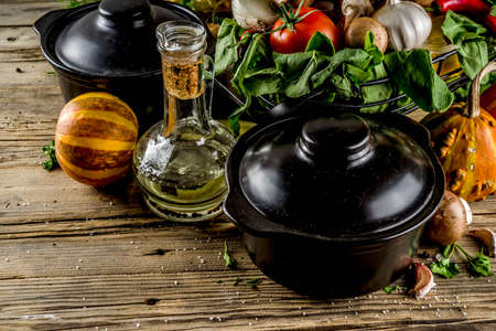 Autumn seasonal cooking concept. Various autumn vegetables (pumpkin,carrot,paprika,tomatoes,ginger) with pot for cooking soup. wooden backgroundの写真素材