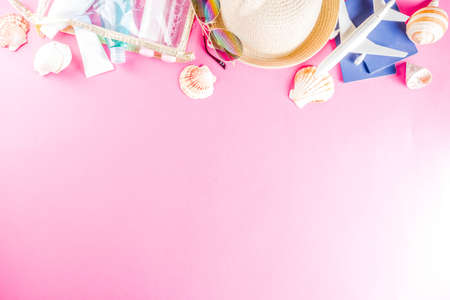 Travel and vacation flat lay concept. Summer bright colorfulの写真素材
