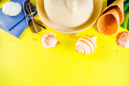 Travel and vacation flat lay concept. Summer bright colorful