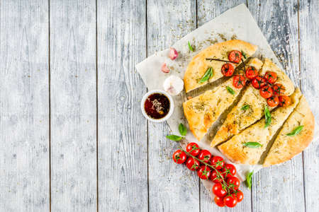 Traditional  homemade Italian flat bread focaccia.の写真素材